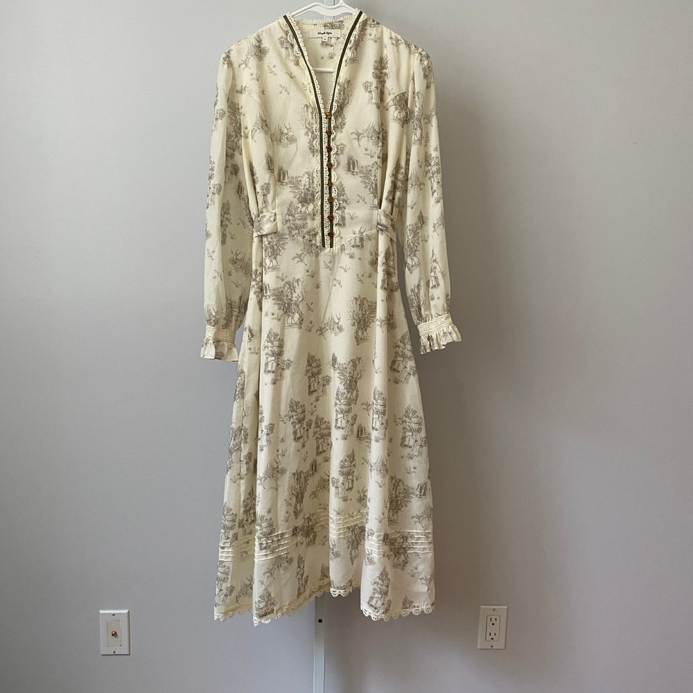 Simple Retro Prairie Dainty Toile Lace Trim Long Sleeve Midi Dress XL Cream